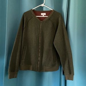 Olive green wool blend zip cardigan.L